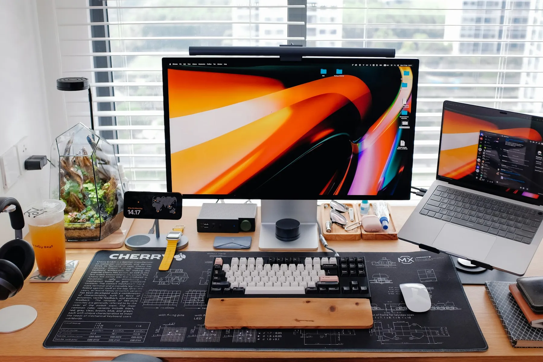 Modern desk setup with multiple monitors showing design and code Modern desk setup with multiple monitors showing design and code